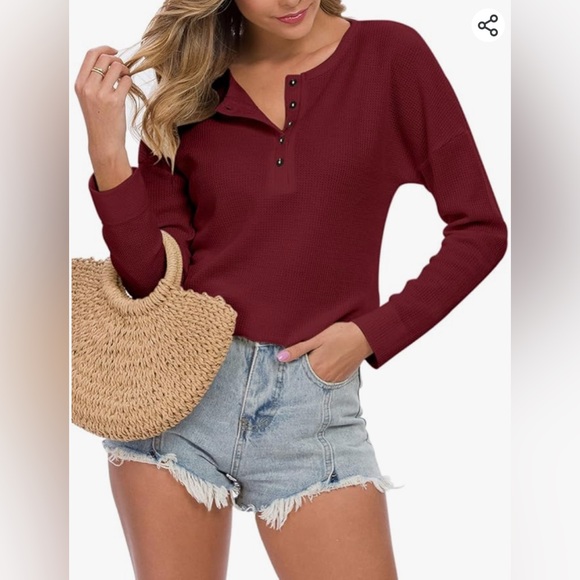WNEEDU Waffle Knit Tunic Loose Long Sleeve Button V Neck Henley Wine Red Size M - Picture 2 of 9